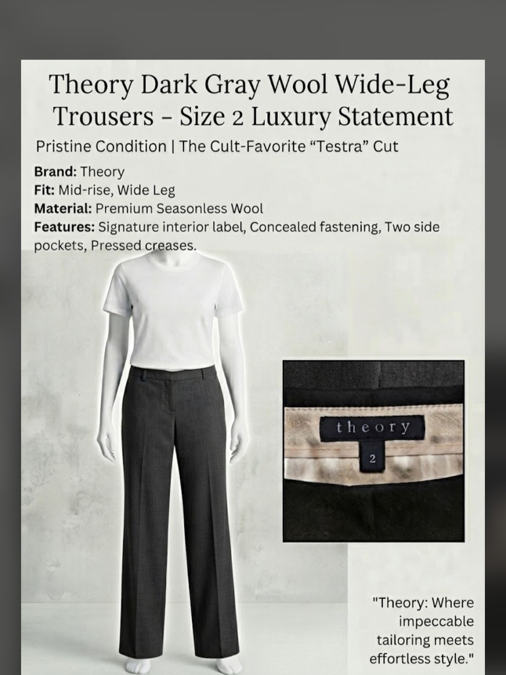 ​Theory Dark Gray Wool Wide-Leg Trousers Pants Size 2 Luxury Designer Workwear